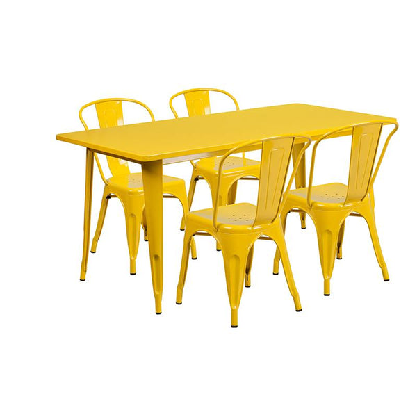 Flash Furniture 31.5'' x 63'' Rectangular Yellow Metal Indoor-Outdoor Table Set with 4 Stack Chairs - ET-CT005-4-30-YL-GG