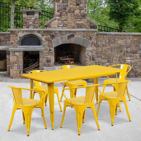 Flash Furniture 31.5'' x 63'' Rectangular Yellow Metal Indoor-Outdoor Table Set with 6 Arm Chairs - ET-CT005-6-70-YL-GG