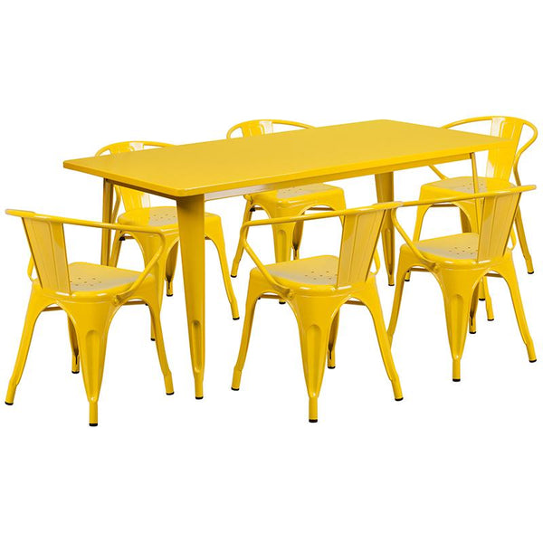 Flash Furniture 31.5'' x 63'' Rectangular Yellow Metal Indoor-Outdoor Table Set with 6 Arm Chairs - ET-CT005-6-70-YL-GG