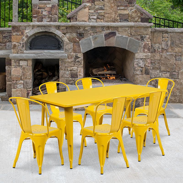 Flash Furniture 31.5'' x 63'' Rectangular Yellow Metal Indoor-Outdoor Table Set with 6 Stack Chairs - ET-CT005-6-30-YL-GG