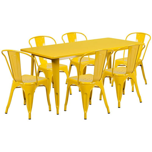 Flash Furniture 31.5'' x 63'' Rectangular Yellow Metal Indoor-Outdoor Table Set with 6 Stack Chairs - ET-CT005-6-30-YL-GG