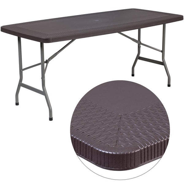 Flash Furniture 32.5''W x 67.5''L Brown Rattan Plastic Folding Table - DAD-YCZ-172-GG