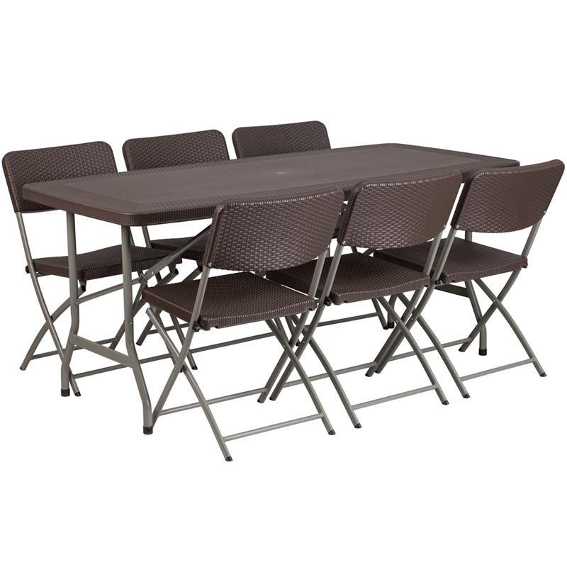 Flash Furniture 32.5''W x 67.5''L Brown Rattan Plastic Folding Table Set with 6 Chairs - DAD-YCZ-172-61-GG