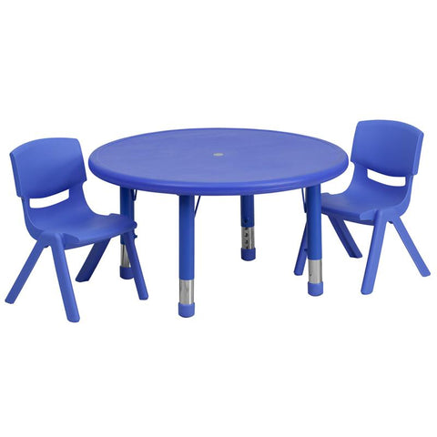 Flash Furniture 33'' Round Blue Plastic Height Adjustable Activity Table Set with 2 Chairs - YU-YCX-0073-2-ROUND-TBL-BLUE-R-GG