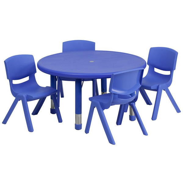 Flash Furniture 33'' Round Blue Plastic Height Adjustable Activity Table Set with 4 Chairs - YU-YCX-0073-2-ROUND-TBL-BLUE-E-GG