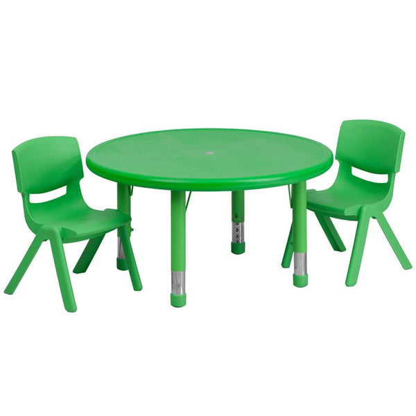 Flash Furniture 33'' Round Green Plastic Height Adjustable Activity Table Set with 2 Chairs - YU-YCX-0073-2-ROUND-TBL-GREEN-R-GG