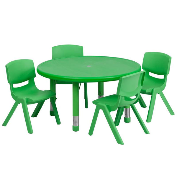 Flash Furniture 33'' Round Green Plastic Height Adjustable Activity Table Set with 4 Chairs - YU-YCX-0073-2-ROUND-TBL-GREEN-E-GG