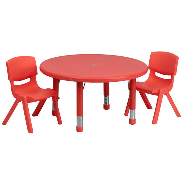 Flash Furniture 33'' Round Red Plastic Height Adjustable Activity Table Set with 2 Chairs - YU-YCX-0073-2-ROUND-TBL-RED-R-GG