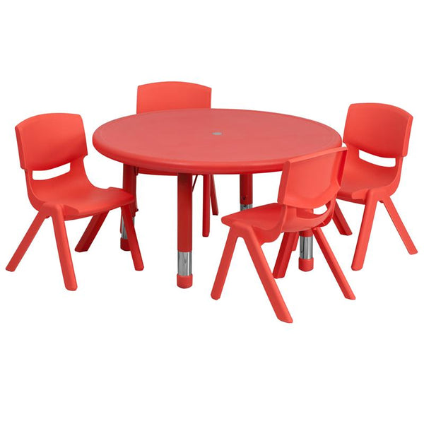 Flash Furniture 33'' Round Red Plastic Height Adjustable Activity Table Set with 4 Chairs - YU-YCX-0073-2-ROUND-TBL-RED-E-GG