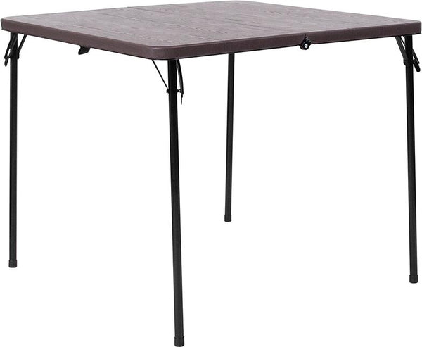 Flash Furniture 34'' Square Bi-Fold Brown Wood Grain Plastic Folding Table with Carrying Handle - DAD-LF-86-GG