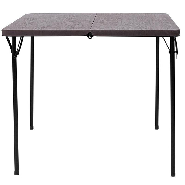 Flash Furniture 34'' Square Bi-Fold Brown Wood Grain Plastic Folding Table with Carrying Handle - DAD-LF-86-GG