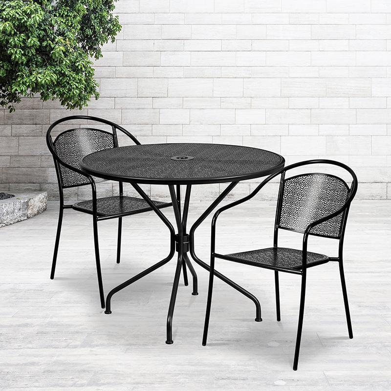 Flash Furniture 35.25'' Round Black Indoor-Outdoor Steel Patio Table Set with 2 Round Back Chairs - CO-35RD-03CHR2-BK-GG