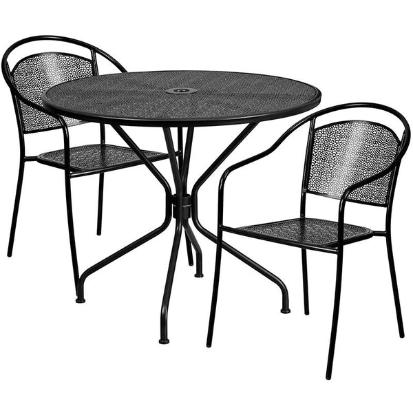 Flash Furniture 35.25'' Round Black Indoor-Outdoor Steel Patio Table Set with 2 Round Back Chairs - CO-35RD-03CHR2-BK-GG