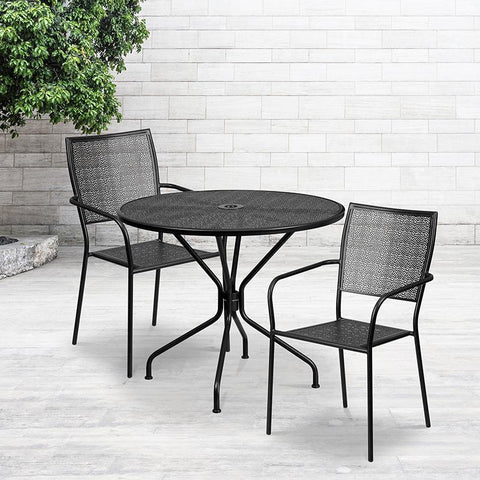 Flash Furniture 35.25'' Round Black Indoor-Outdoor Steel Patio Table Set with 2 Square Back Chairs - CO-35RD-02CHR2-BK-GG