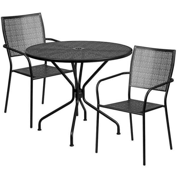 Flash Furniture 35.25'' Round Black Indoor-Outdoor Steel Patio Table Set with 2 Square Back Chairs - CO-35RD-02CHR2-BK-GG