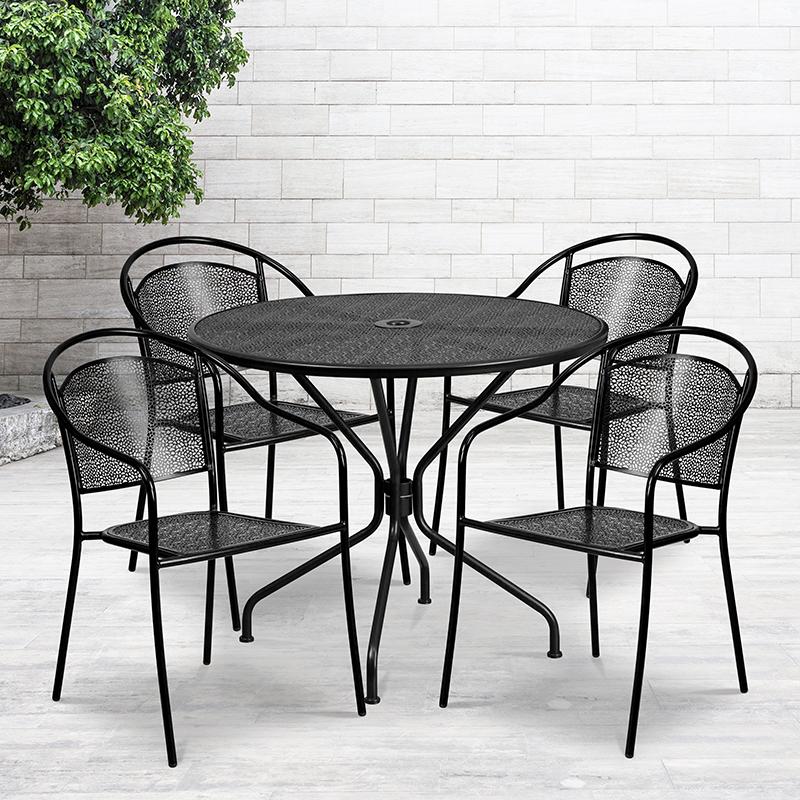Flash Furniture 35.25'' Round Black Indoor-Outdoor Steel Patio Table Set with 4 Round Back Chairs - CO-35RD-03CHR4-BK-GG