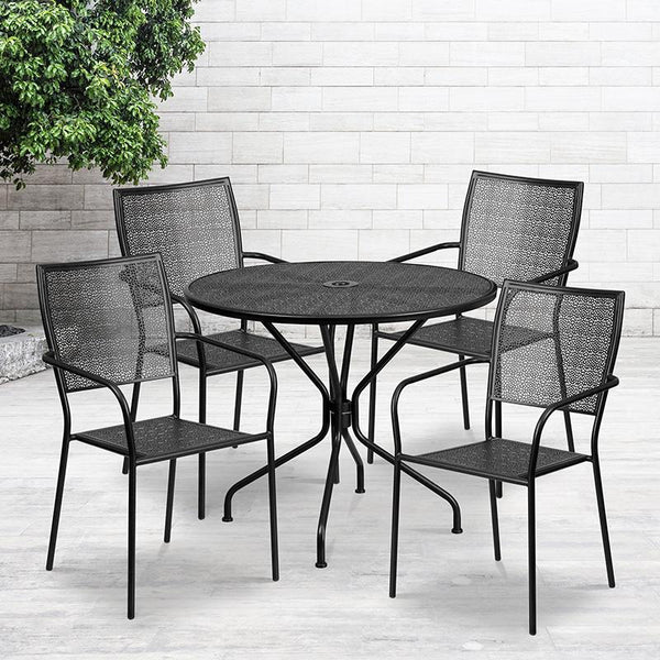 Flash Furniture 35.25'' Round Black Indoor-Outdoor Steel Patio Table Set with 4 Square Back Chairs - CO-35RD-02CHR4-BK-GG