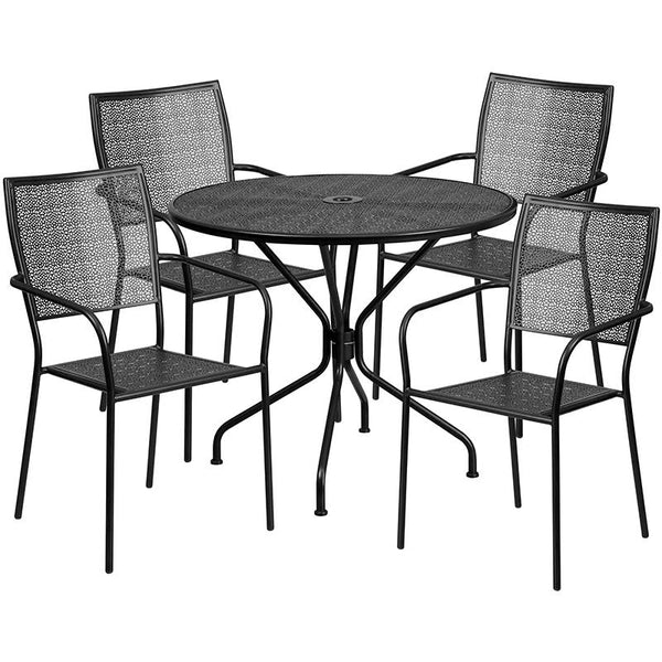 Flash Furniture 35.25'' Round Black Indoor-Outdoor Steel Patio Table Set with 4 Square Back Chairs - CO-35RD-02CHR4-BK-GG