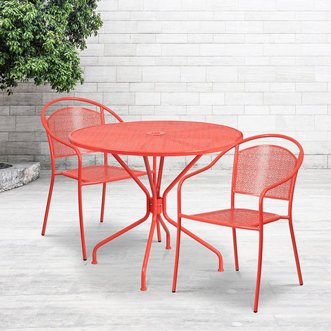Flash Furniture 35.25'' Round Coral Indoor-Outdoor Steel Patio Table Set with 2 Round Back Chairs - CO-35RD-03CHR2-RED-GG