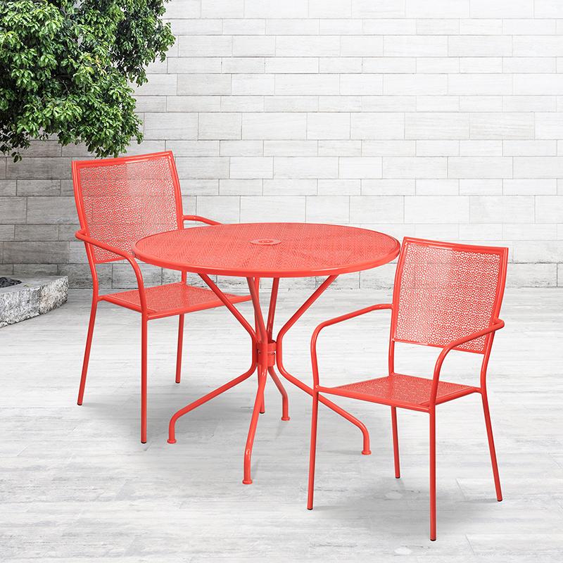 Flash Furniture 35.25'' Round Coral Indoor-Outdoor Steel Patio Table Set with 2 Square Back Chairs - CO-35RD-02CHR2-RED-GG