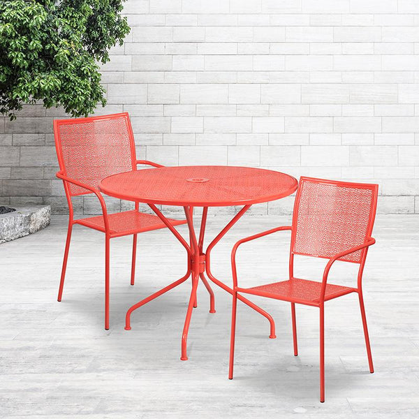 Flash Furniture 35.25'' Round Coral Indoor-Outdoor Steel Patio Table Set with 2 Square Back Chairs - CO-35RD-02CHR2-RED-GG