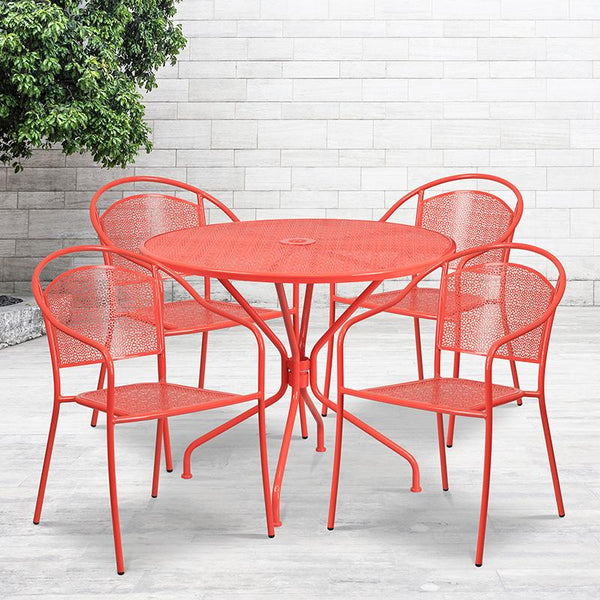 Flash Furniture 35.25'' Round Coral Indoor-Outdoor Steel Patio Table Set with 4 Round Back Chairs - CO-35RD-03CHR4-RED-GG
