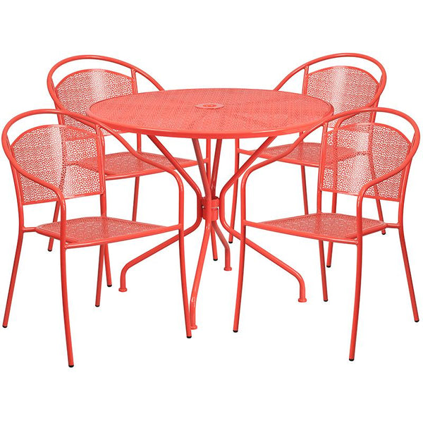 Flash Furniture 35.25'' Round Coral Indoor-Outdoor Steel Patio Table Set with 4 Round Back Chairs - CO-35RD-03CHR4-RED-GG