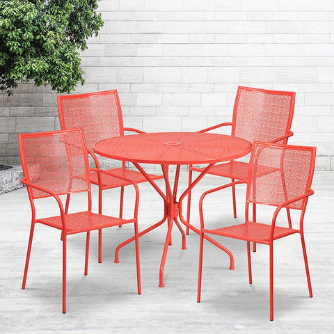 Flash Furniture 35.25'' Round Coral Indoor-Outdoor Steel Patio Table Set with 4 Square Back Chairs - CO-35RD-02CHR4-RED-GG
