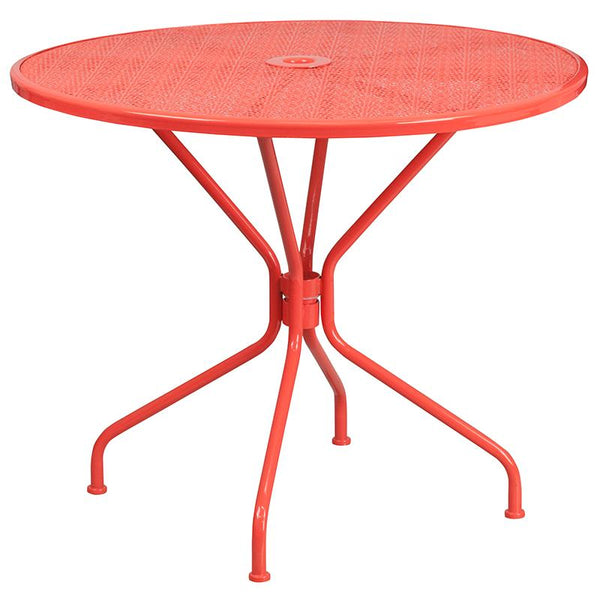 Flash Furniture 35.25'' Round Coral Indoor-Outdoor Steel Patio Table Set with 4 Square Back Chairs - CO-35RD-02CHR4-RED-GG