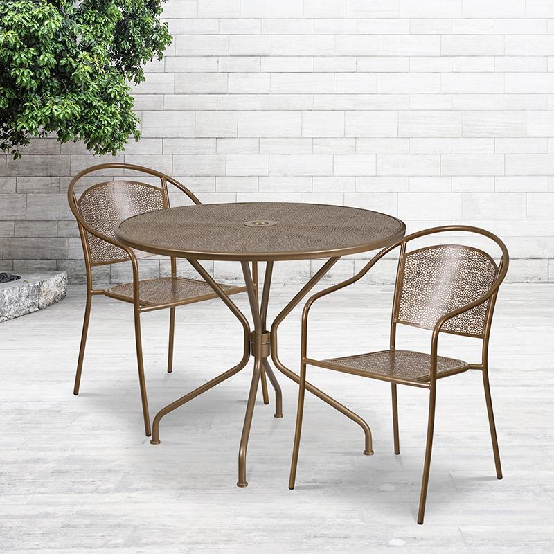 Flash Furniture 35.25'' Round Gold Indoor-Outdoor Steel Patio Table Set with 2 Round Back Chairs - CO-35RD-03CHR2-GD-GG