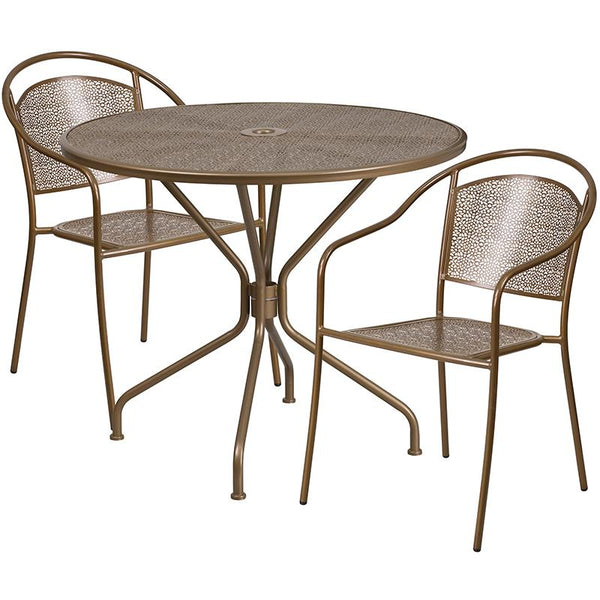 Flash Furniture 35.25'' Round Gold Indoor-Outdoor Steel Patio Table Set with 2 Round Back Chairs - CO-35RD-03CHR2-GD-GG