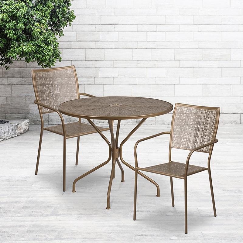 Flash Furniture 35.25'' Round Gold Indoor-Outdoor Steel Patio Table Set with 2 Square Back Chairs - CO-35RD-02CHR2-GD-GG