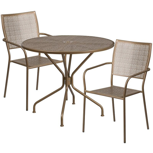 Flash Furniture 35.25'' Round Gold Indoor-Outdoor Steel Patio Table Set with 2 Square Back Chairs - CO-35RD-02CHR2-GD-GG