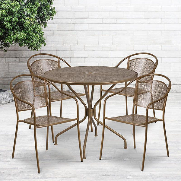 Flash Furniture 35.25'' Round Gold Indoor-Outdoor Steel Patio Table Set with 4 Round Back Chairs - CO-35RD-03CHR4-GD-GG