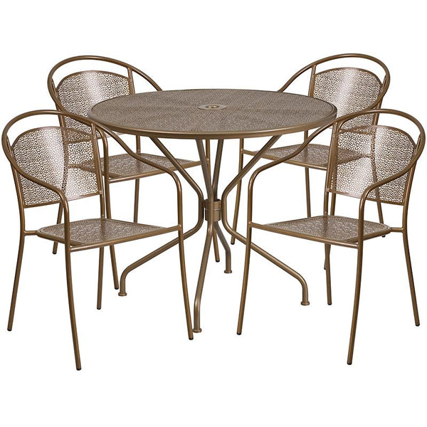 Flash Furniture 35.25'' Round Gold Indoor-Outdoor Steel Patio Table Set with 4 Round Back Chairs - CO-35RD-03CHR4-GD-GG