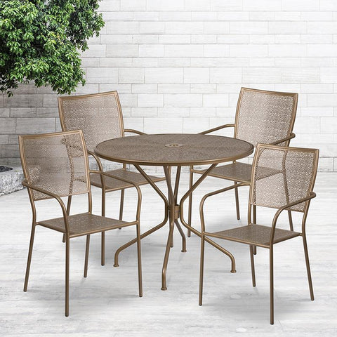 Flash Furniture 35.25'' Round Gold Indoor-Outdoor Steel Patio Table Set with 4 Square Back Chairs - CO-35RD-02CHR4-GD-GG