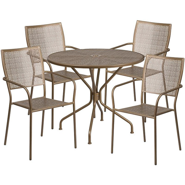 Flash Furniture 35.25'' Round Gold Indoor-Outdoor Steel Patio Table Set with 4 Square Back Chairs - CO-35RD-02CHR4-GD-GG