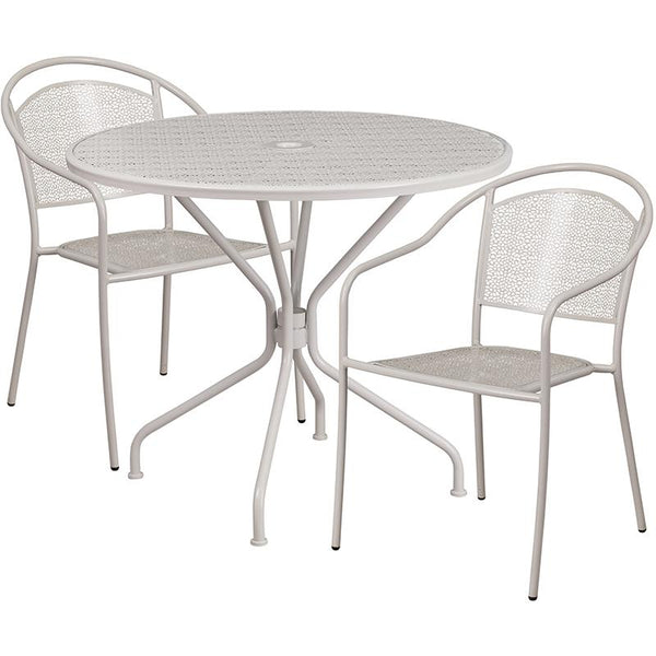 Flash Furniture 35.25'' Round Light Gray Indoor-Outdoor Steel Patio Table Set with 2 Round Back Chairs - CO-35RD-03CHR2-SIL-GG