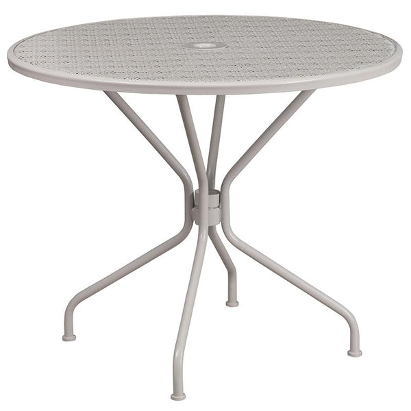 Flash Furniture 35.25'' Round Light Gray Indoor-Outdoor Steel Patio Table Set with 2 Round Back Chairs - CO-35RD-03CHR2-SIL-GG