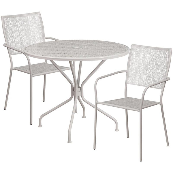 Flash Furniture 35.25'' Round Light Gray Indoor-Outdoor Steel Patio Table Set with 2 Square Back Chairs - CO-35RD-02CHR2-SIL-GG