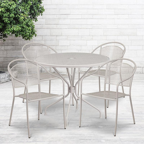 Flash Furniture 35.25'' Round Light Gray Indoor-Outdoor Steel Patio Table Set with 4 Round Back Chairs - CO-35RD-03CHR4-SIL-GG