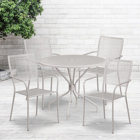 Flash Furniture 35.25'' Round Light Gray Indoor-Outdoor Steel Patio Table Set with 4 Square Back Chairs - CO-35RD-02CHR4-SIL-GG