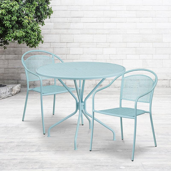 Flash Furniture 35.25'' Round Sky Blue Indoor-Outdoor Steel Patio Table Set with 2 Round Back Chairs - CO-35RD-03CHR2-SKY-GG