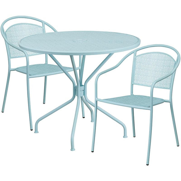 Flash Furniture 35.25'' Round Sky Blue Indoor-Outdoor Steel Patio Table Set with 2 Round Back Chairs - CO-35RD-03CHR2-SKY-GG