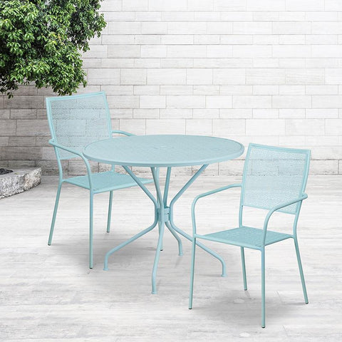 Flash Furniture 35.25'' Round Sky Blue Indoor-Outdoor Steel Patio Table Set with 2 Square Back Chairs - CO-35RD-02CHR2-SKY-GG