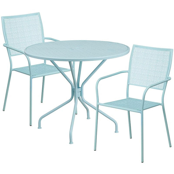 Flash Furniture 35.25'' Round Sky Blue Indoor-Outdoor Steel Patio Table Set with 2 Square Back Chairs - CO-35RD-02CHR2-SKY-GG