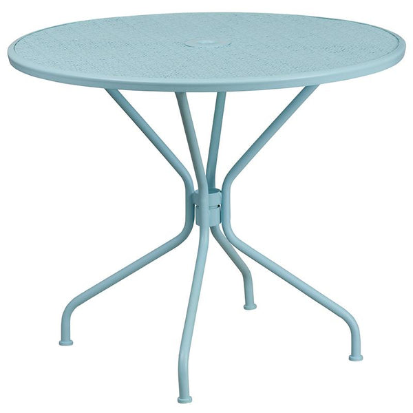 Flash Furniture 35.25'' Round Sky Blue Indoor-Outdoor Steel Patio Table Set with 2 Square Back Chairs - CO-35RD-02CHR2-SKY-GG