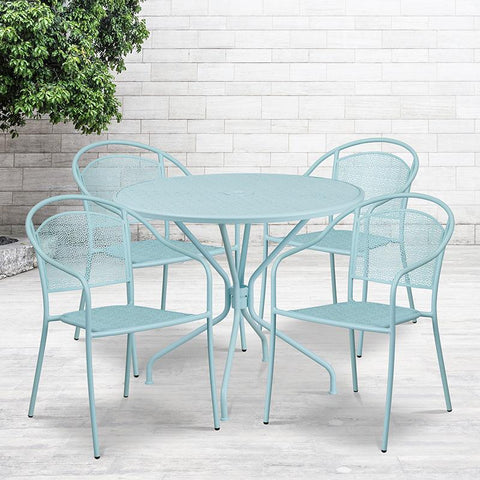 Flash Furniture 35.25'' Round Sky Blue Indoor-Outdoor Steel Patio Table Set with 4 Round Back Chairs - CO-35RD-03CHR4-SKY-GG