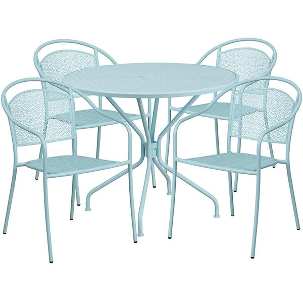 Flash Furniture 35.25'' Round Sky Blue Indoor-Outdoor Steel Patio Table Set with 4 Round Back Chairs - CO-35RD-03CHR4-SKY-GG