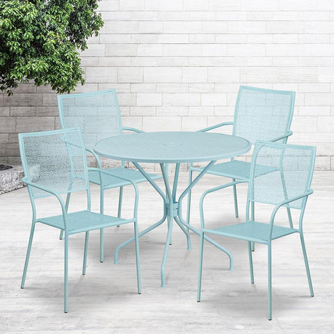 Flash Furniture 35.25'' Round Sky Blue Indoor-Outdoor Steel Patio Table Set with 4 Square Back Chairs - CO-35RD-02CHR4-SKY-GG